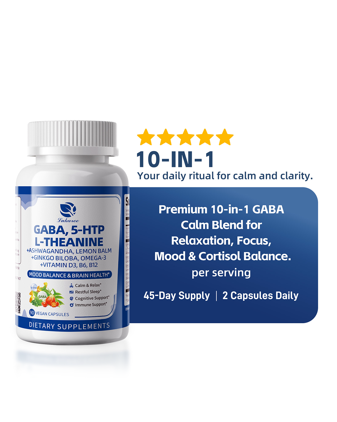 Ultimate 10-in-1 GABA & Ashwagandha Complex | Natural Stress Relief, Cortisol Balance, and Non-Melatonin Sleep Aid