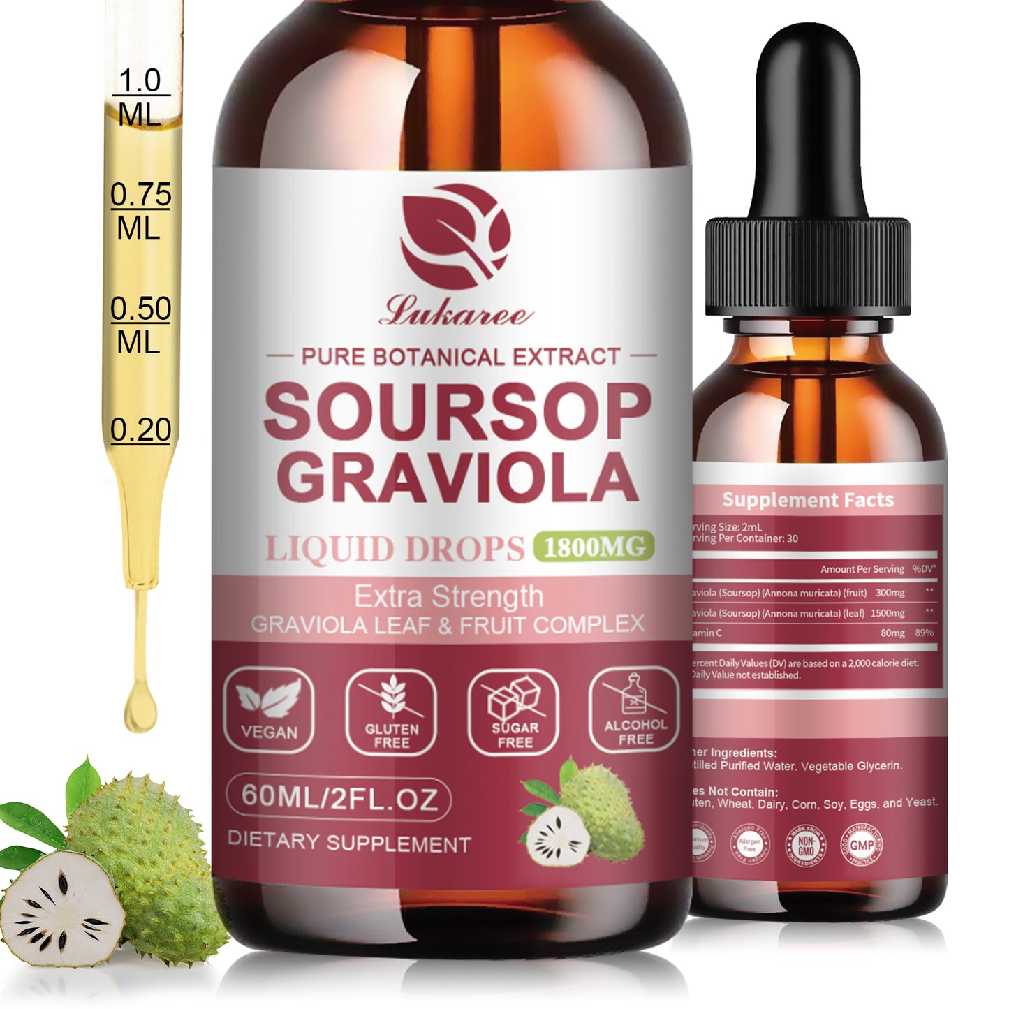 (2 Pack) Soursop Graviola Liquid Drops 1800mg, Soursop Leaf and Fruit Complex for Cell Support & Regeneration, Immune Boost, Relax, Zzz & Antioxidant - Soursop Bitters Liquid, 2 Month Supply, 2 Fl Oz