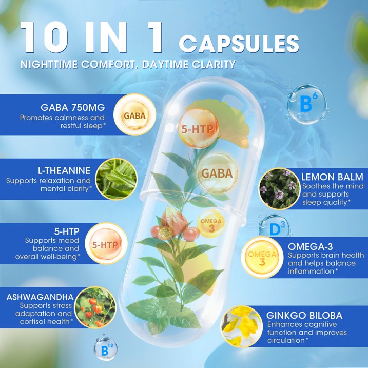 GABA Supplements 750mg with L-Theanine, 5-HTP, Ashwagandha, Lemon Balm, Ginkgo Biloba, Omega-3, GABA Capsules for Sleep, Focus, Mood Support, Cortisol Balance - 60 Day Supply, Melatonin-Free