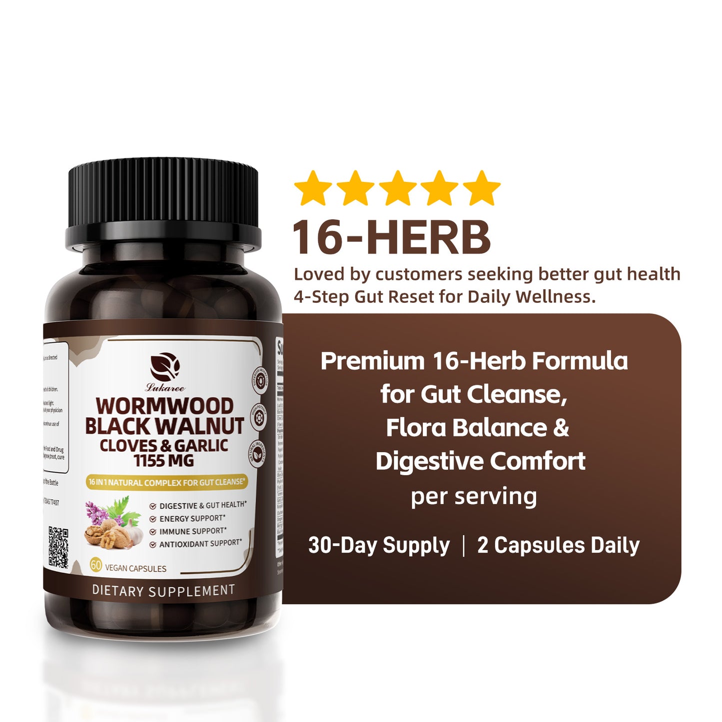 Lukaree 16-in-1 Wormwood & Black Walnut Capsules | Gut Cleanse, Detox & Digestive Health Support – 1155mg