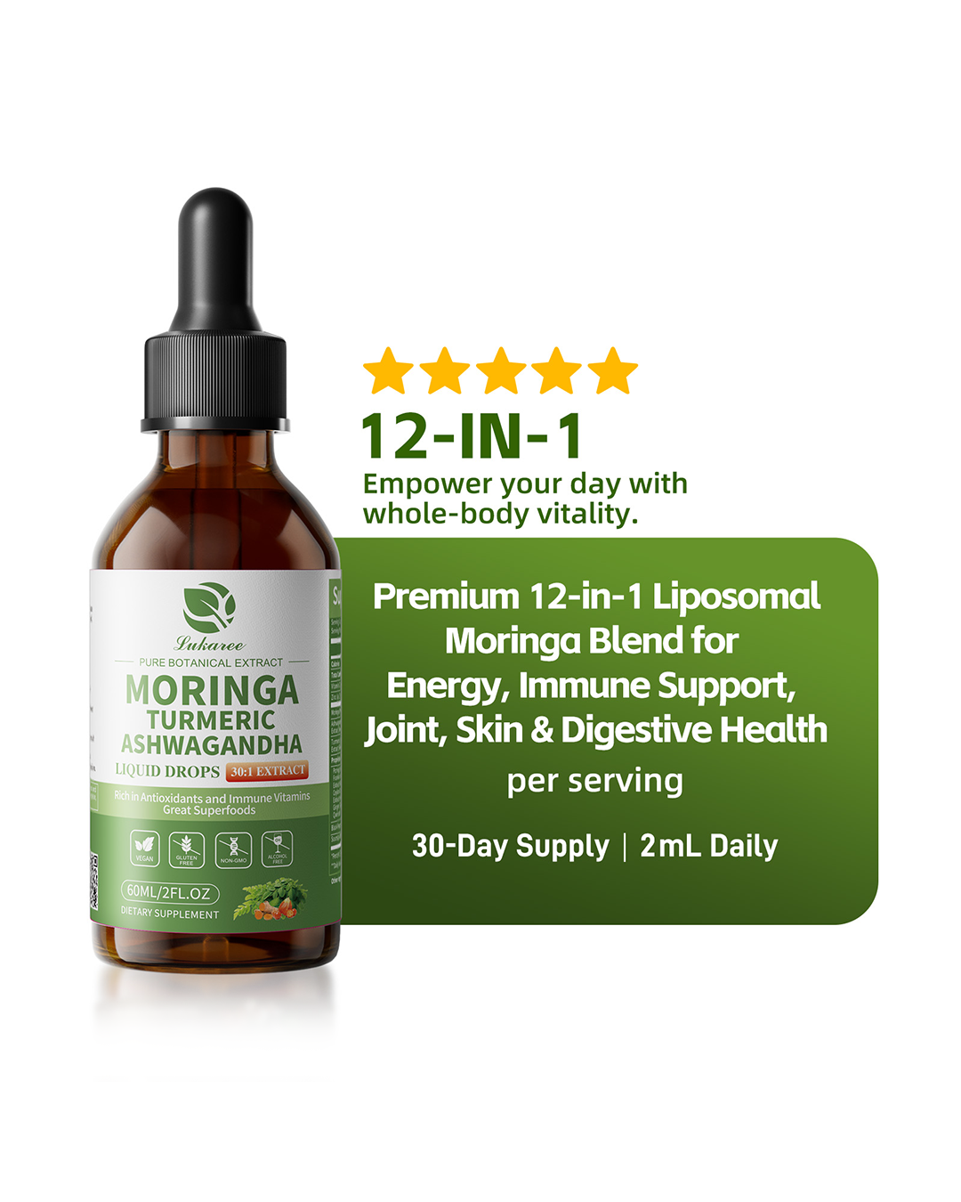 Lukaree 12-in-1 Liposomal Moringa Leaf Drops with Ashwagandha, Turmeric & Quercetin – 60ml | 98% Absorption for Energy, Immune & Joint Support