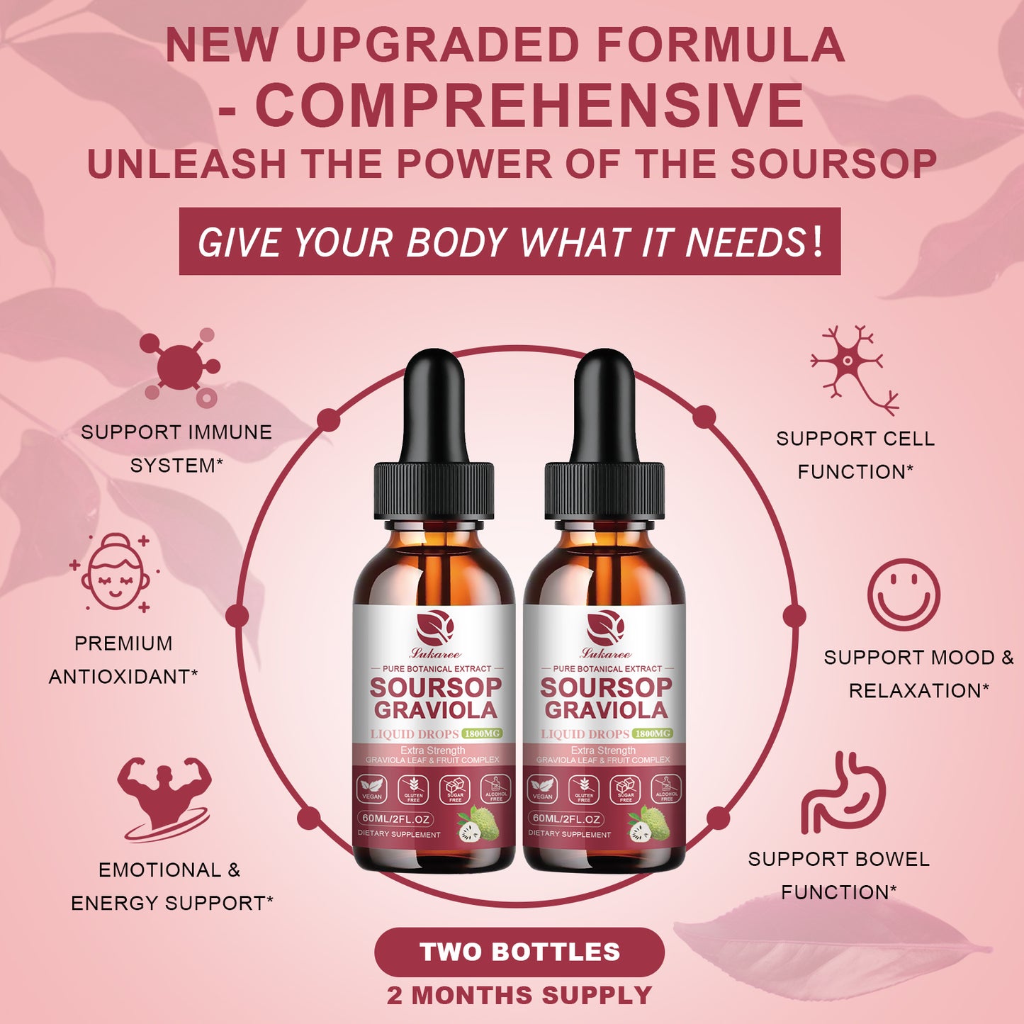 (2 Pack) Soursop Graviola Liquid Drops 1800mg, Soursop Leaf and Fruit Complex for Cell Support & Regeneration, Immune Boost, Relax, Zzz & Antioxidant - Soursop Bitters Liquid, 2 Month Supply, 2 Fl Oz