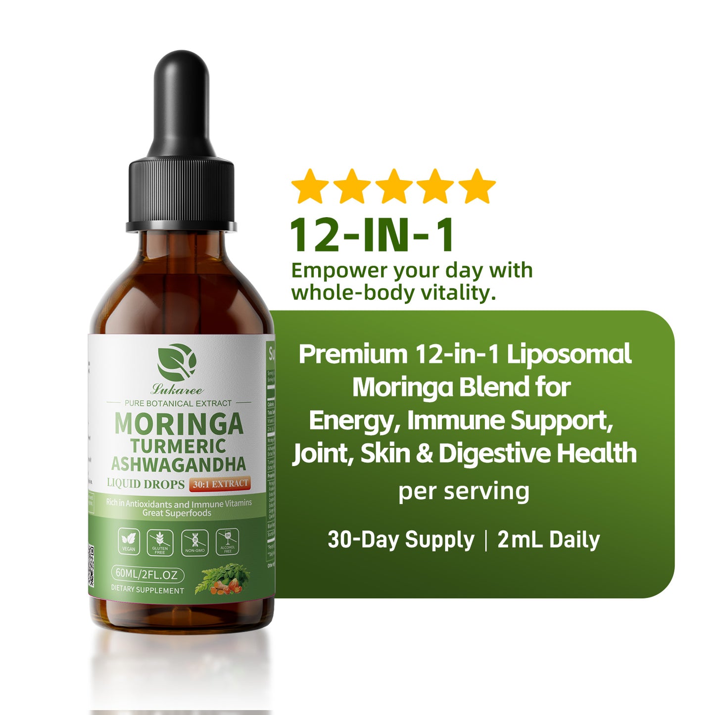 Lukaree 12-in-1 Liposomal Moringa Leaf Drops with Ashwagandha, Turmeric & Quercetin – 60ml | 98% Absorption for Energy, Immune & Joint Support