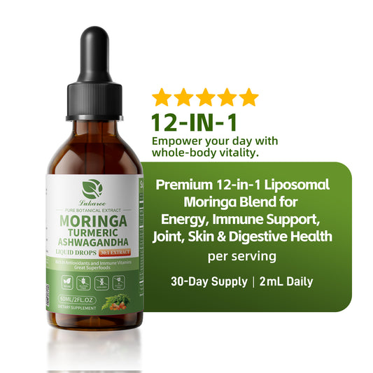 Lukaree 12-in-1 Liposomal Moringa Leaf Drops with Ashwagandha, Turmeric & Quercetin – 60ml | 98% Absorption for Energy, Immune & Joint Support
