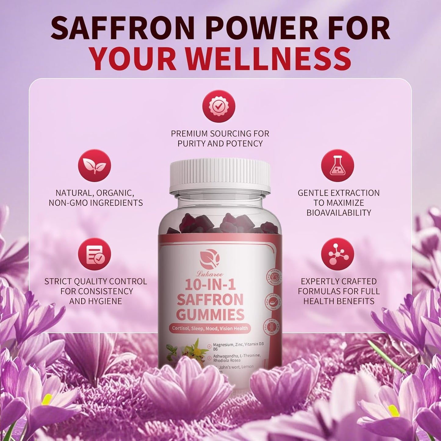 10 IN 1 Sugar Free Saffron Gummies, with Ashwagandha, L-Theanine, Rhodiola Rosea, St. John's Wort, Lemon Balm, Vitamin D3 B6, Magnesium & Zinc - Vision, Zzz, Mood, Focus & Cortisol