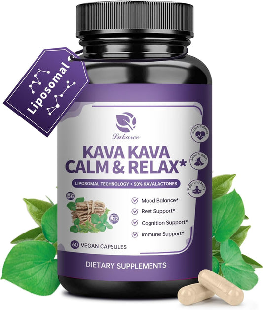Kava Root Extract Supplement - Liposomal Kava Capsules with L Theanine 200mg, 50% Kavalactones, Relax Calming Kava Extract, Vitamin B6, B12 - for Sleep, Mood, Cognitive & Immune Support, 60CT