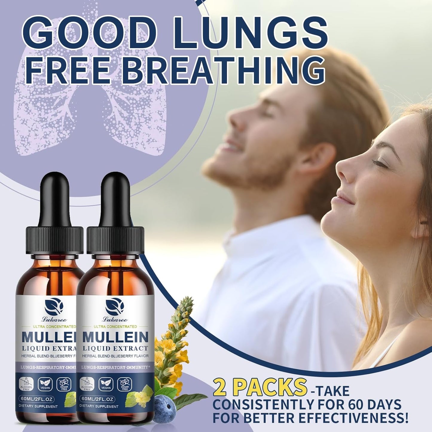 Lukaree Mullein Drops for Lung Detox & Cleanse, Vegan Mullein Leaf Extract Tincture with Chlorophyll Elderberry, etc for Respiratory, Immune, 60 Servings
