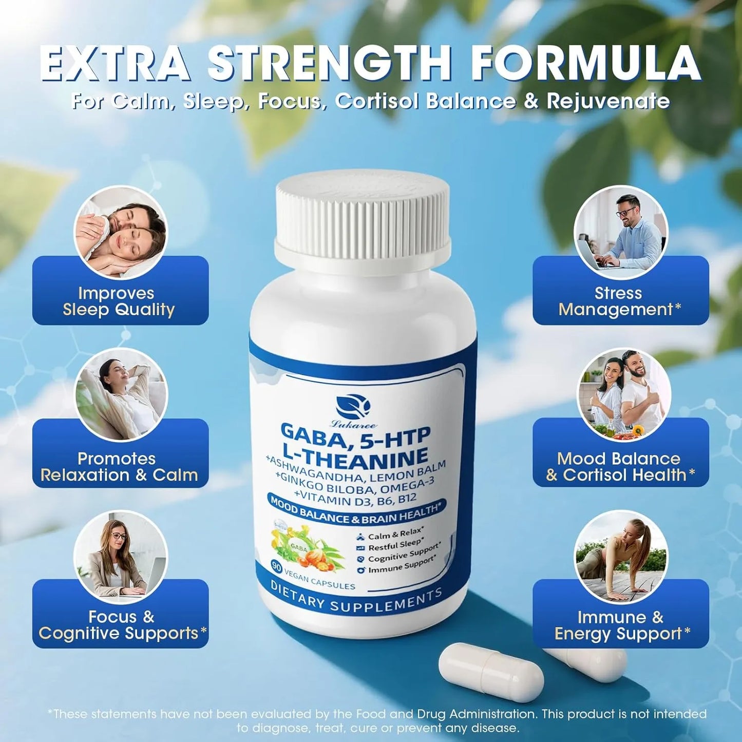 GABA Supplements 750mg with L-Theanine, 10 in 1 GABA Calm Capsules for Sleep, Relaxation, Focus, Mood Support, Cortisol Balance - 90CT
