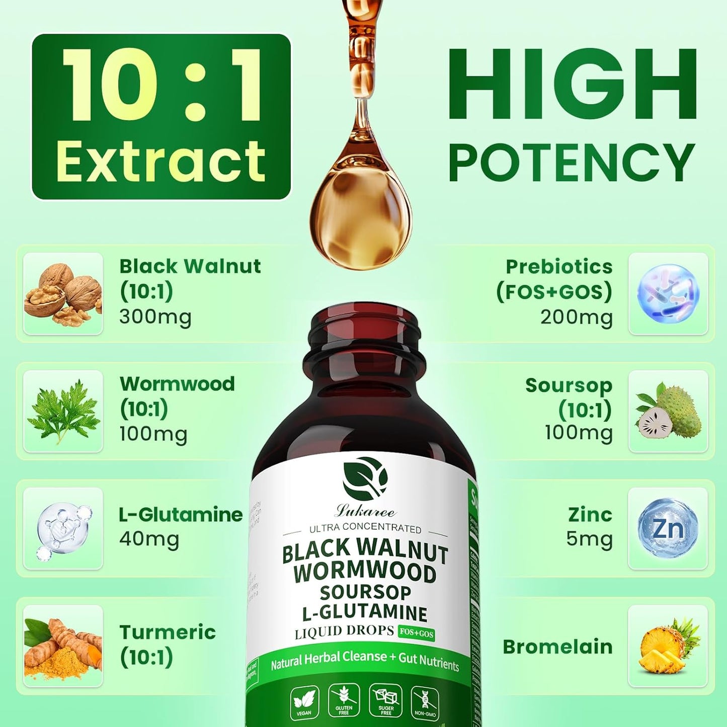 Lukaree Wormwood Black Walnut Clove Tincture – Natural Gut Cleanse Detox for Humans – Support Digestive Health with L-Glutamine Prebiotic Soursop Turmeric, 5X Absorption Vegan Gluten-Free 4 FL.OZ