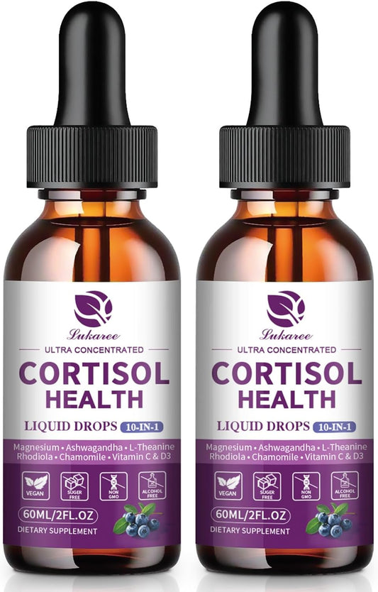 Cortisol Supplement Liquid Drops 10 in 1 Hormone Balance 2 Pack, Blueberry Flavor