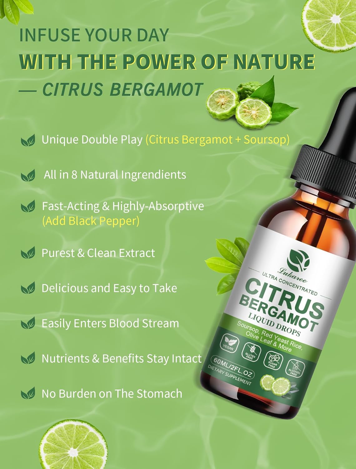 Citrus Bergamot Liquid Drops – Herbal Blend with Soursop, Red Yeast Rice, Garlic & Olive Leaf – Plant-Based Formula with Black Pepper for Enhanced Absorption – 2 Fl Oz
