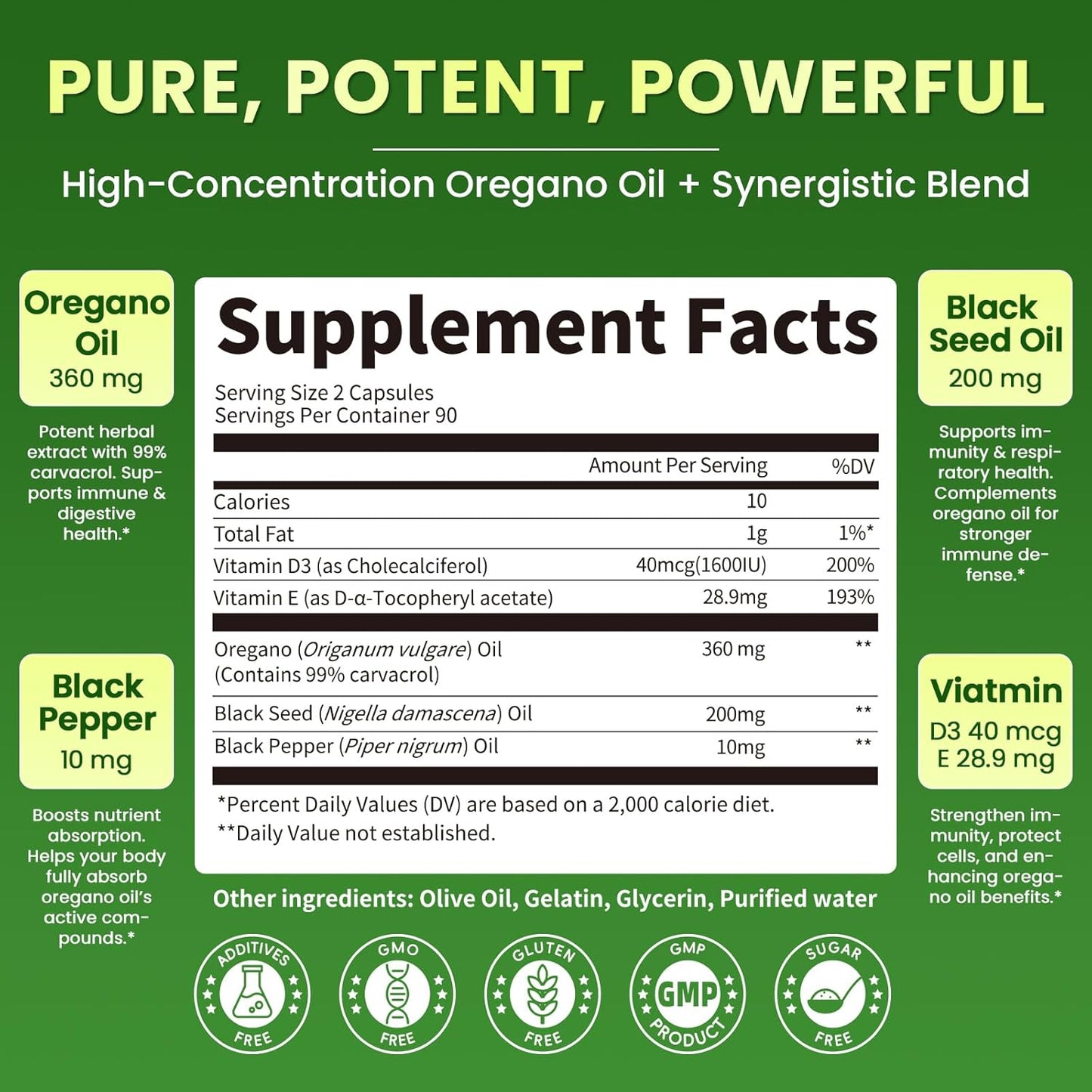 Oregano Oil Capsules – 99% Carvacrol, 5-in-1 with Black Seed Oil, Vitamins D3 & E, Black Pepper | Immune, Respiratory & Digestive Support | 180 Softgels