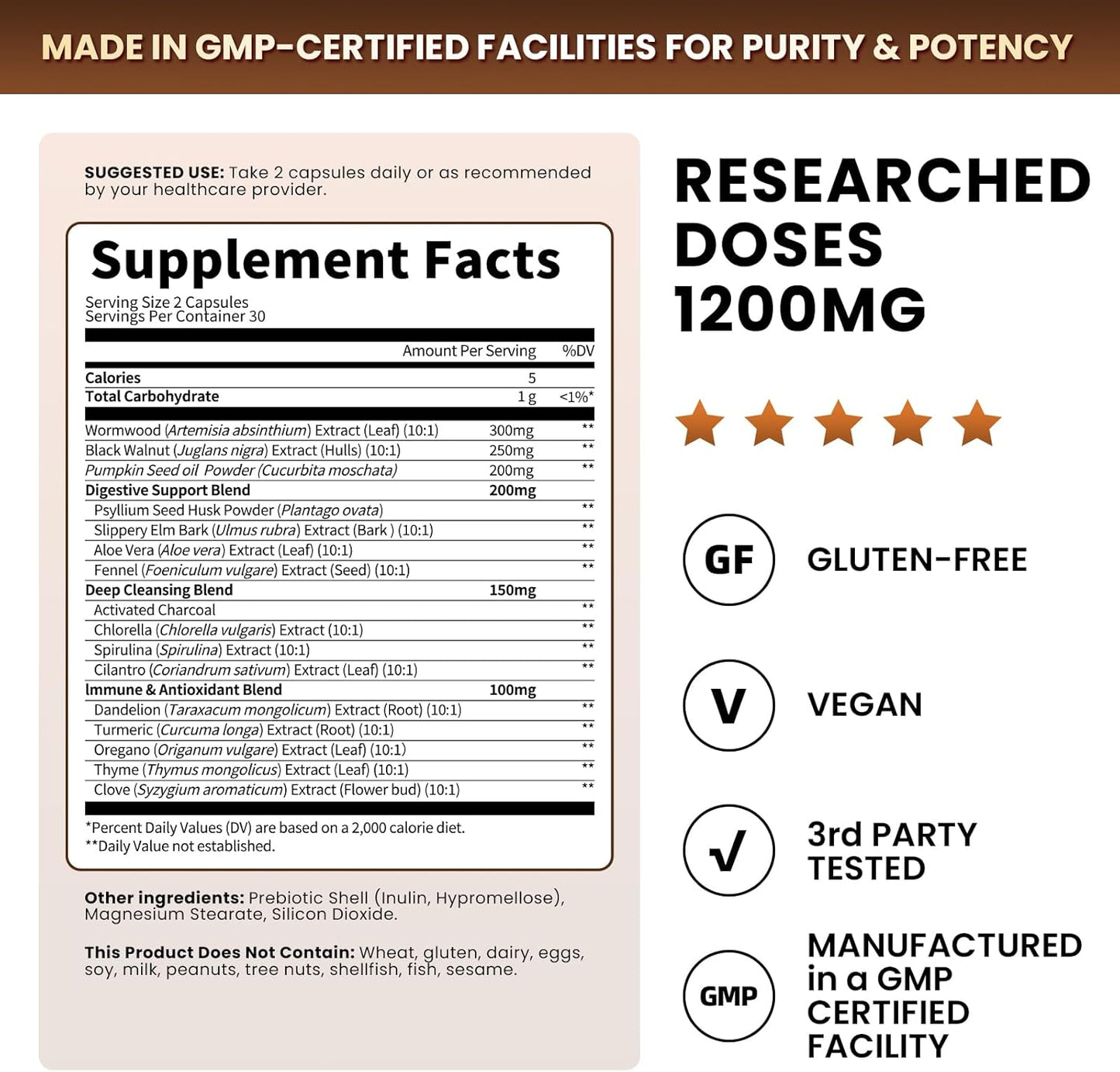 Wormwood Black Walnut Cleanse 1200mg – 16-in-1 Ultra Gut Cleanse & Detox Formula with Pumpkin Seed Oil, Clove & Activated Charcoal | 10X Concentrated, 60 Vagan Capsules