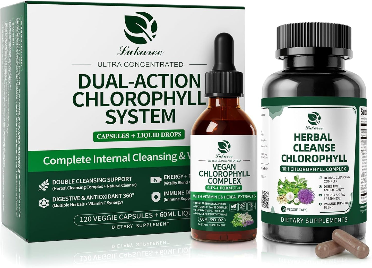 Chlorophyll Liquid Drops & Capsules Combo – 24-Hour Cleansing, Energy & Wellness Support for Oral Freshness, Immune Support, Internal Deodorant 2Oz + 120 Caps