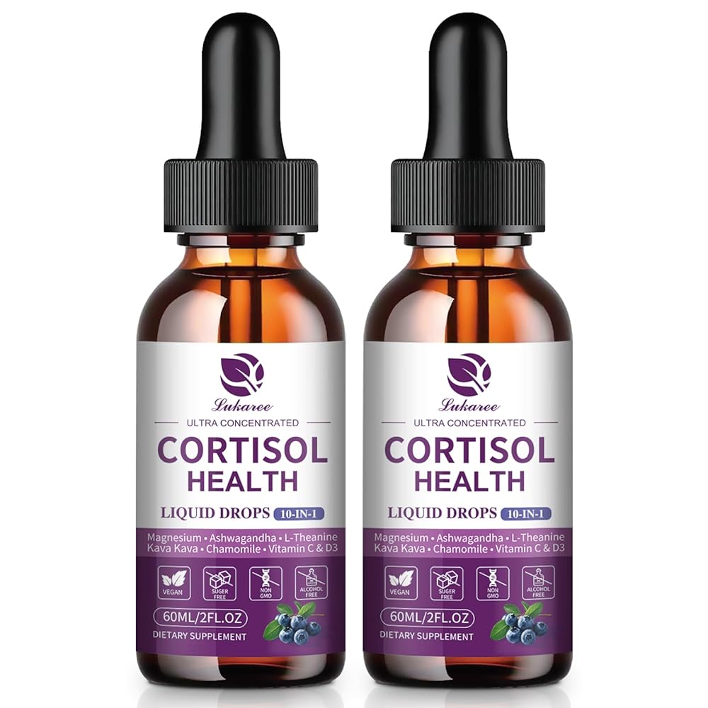 Lukaree 10 in 1  Cortisol Supplement Liquid Drops Hormone Balance 2 Packs, Blueberry Flavor