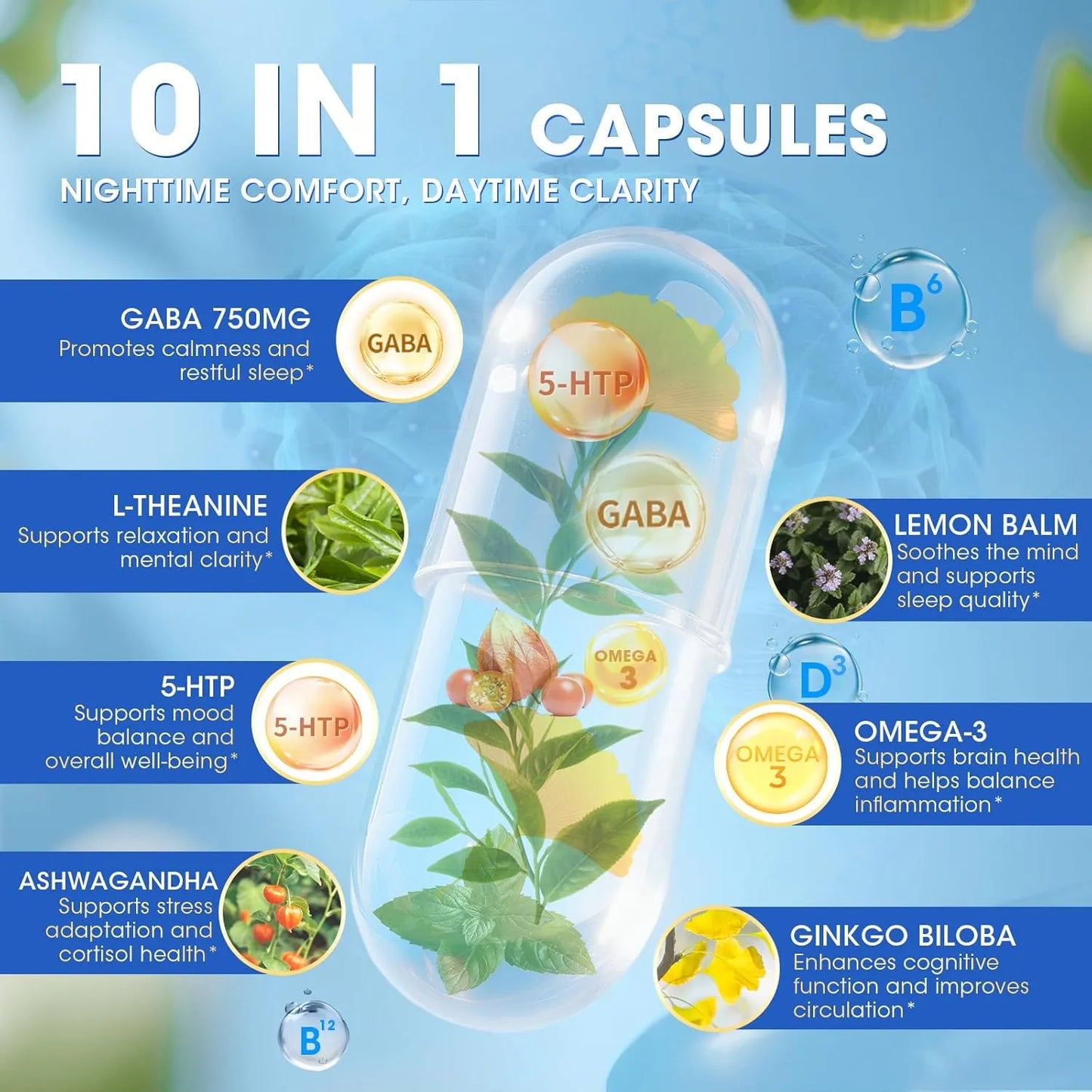 GABA Supplements 750mg with L-Theanine, 10 in 1 GABA Calm Capsules for Sleep, Relaxation, Focus, Mood Support, Cortisol Balance - 90CT