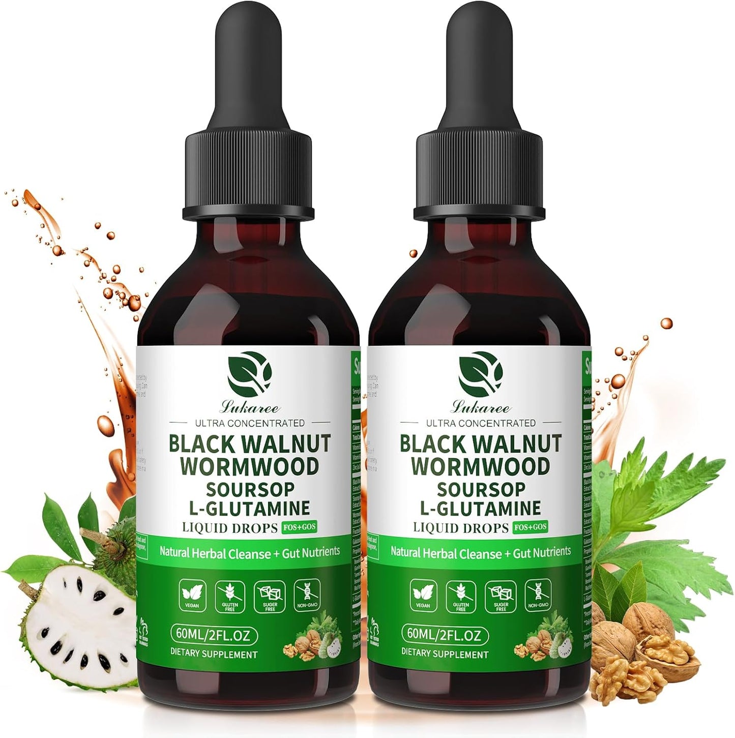 Lukaree Wormwood Black Walnut Clove Tincture – Natural Gut Cleanse Detox for Humans – Support Digestive Health with L-Glutamine Prebiotic Soursop Turmeric, 5X Absorption Vegan Gluten-Free 4 FL.OZ