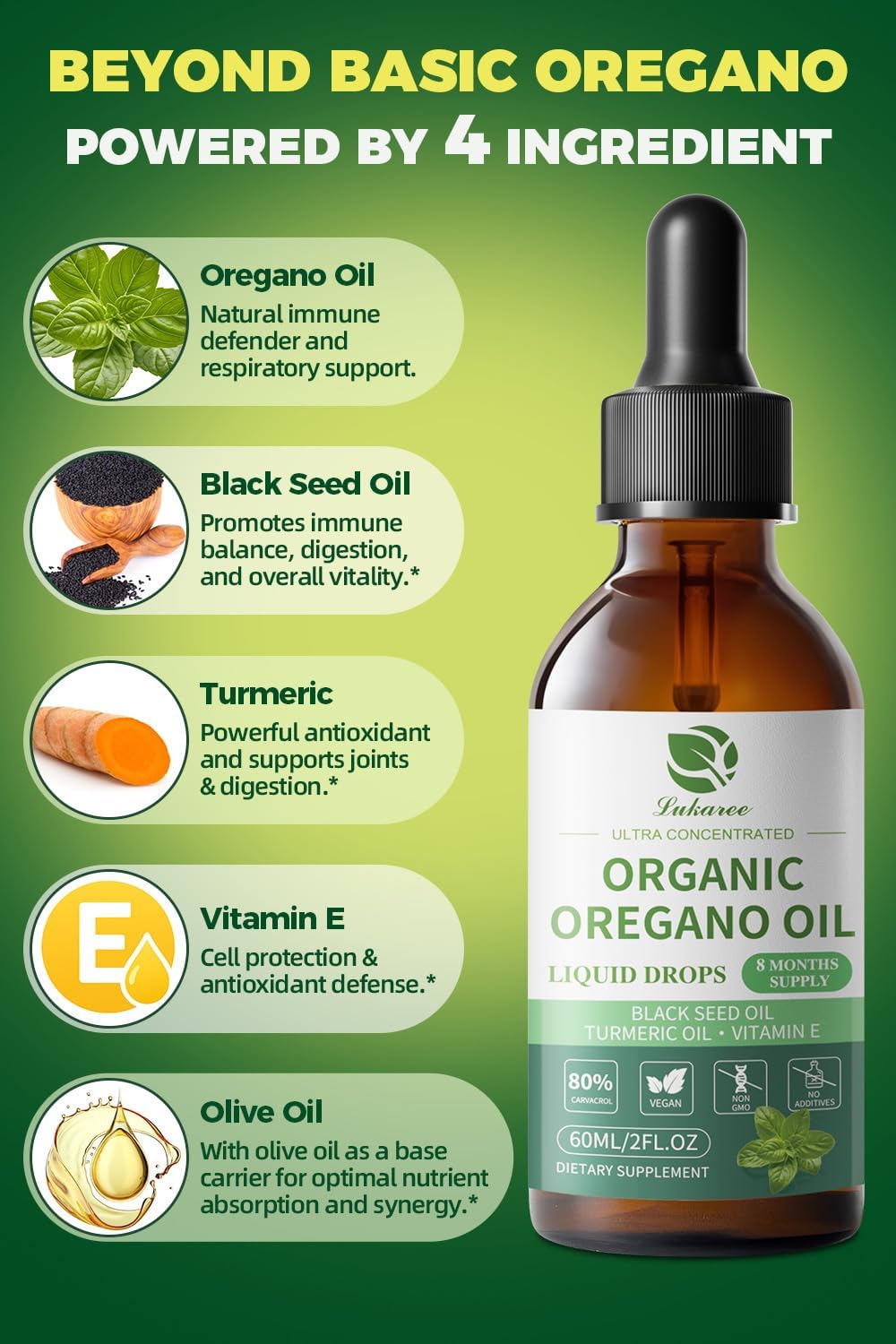 Organic Oregano Oil Drops 80% Carvacrol - With Black Seed Oil, Turmeric & Vitamin E - Immune, Respiratory, Digestive Support 2 Fl Oz