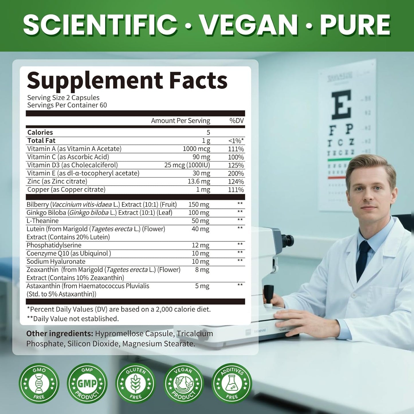 Supplement facts label showing lutein, zeaxanthin, bilberry extract, CoQ10, ginkgo biloba, and other eye & brain support ingredients