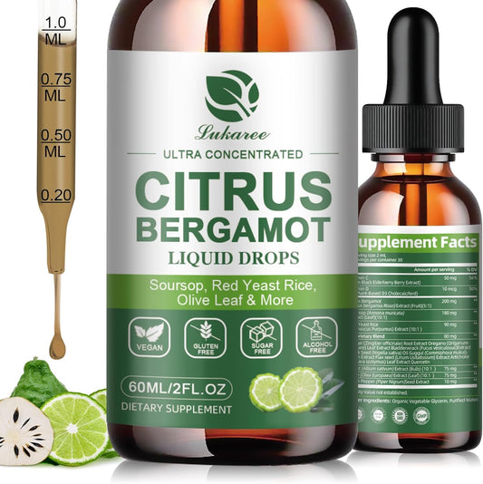 Citrus Bergamot Liquid Drops – Herbal Blend with Soursop, Red Yeast Rice, Garlic & Olive Leaf – Plant-Based Formula with Black Pepper for Enhanced Absorption – 2 Fl Oz