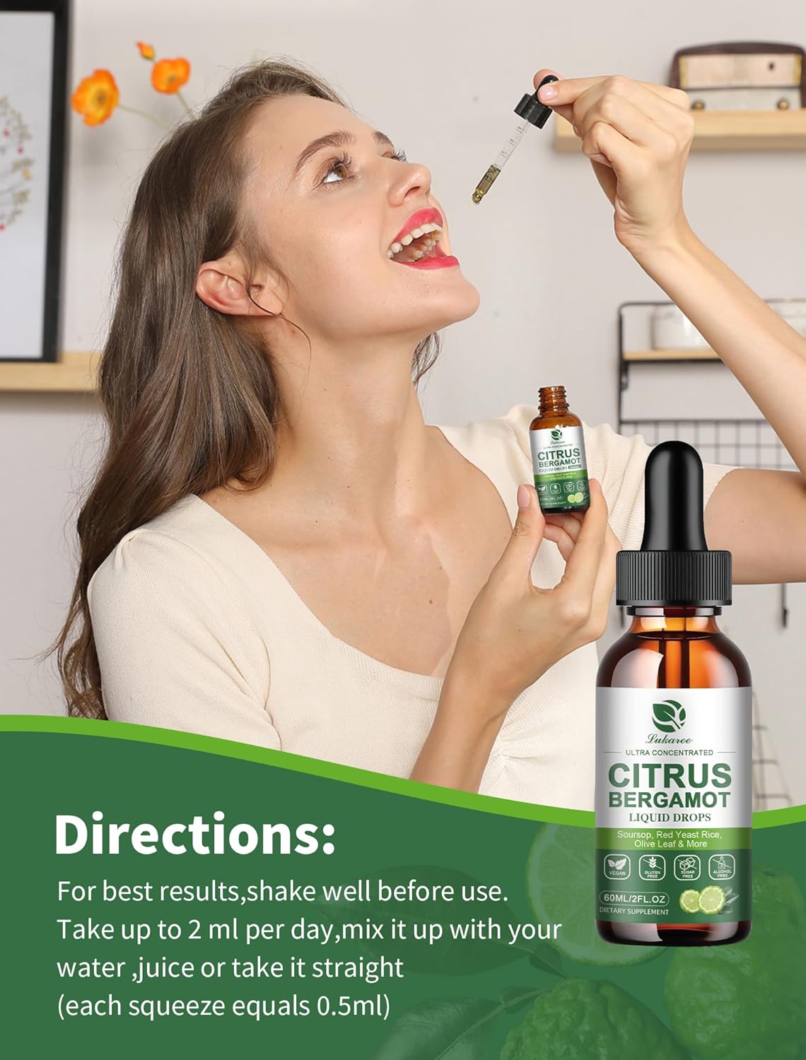 Citrus Bergamot Liquid Drops – Herbal Blend with Soursop, Red Yeast Rice, Garlic & Olive Leaf – Plant-Based Formula with Black Pepper for Enhanced Absorption – 2 Fl Oz