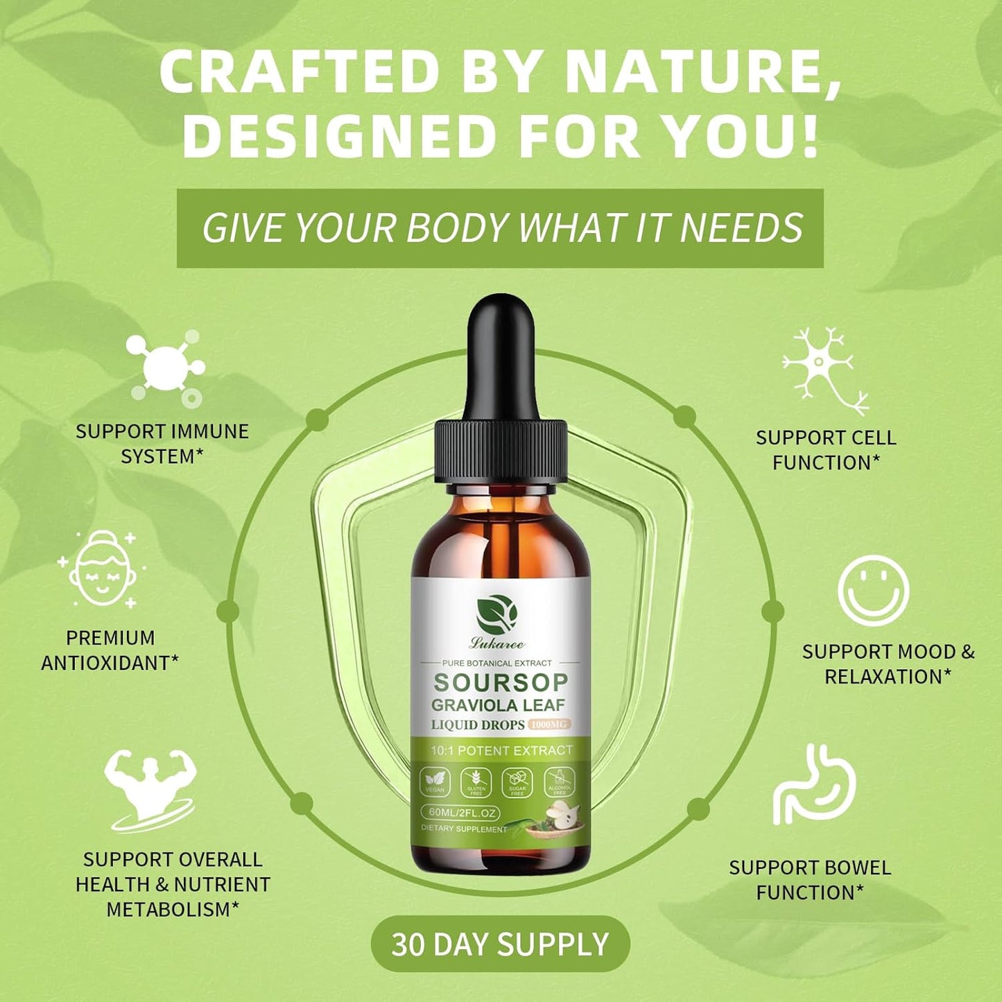 Lukaree Organic High-Potency Soursop Bitters Liquid, 98% Absorption Graviola Fruit & Leaf Extract for Immune Boost, Cell Support, Antioxidant, Digestive (2 Fl Oz)