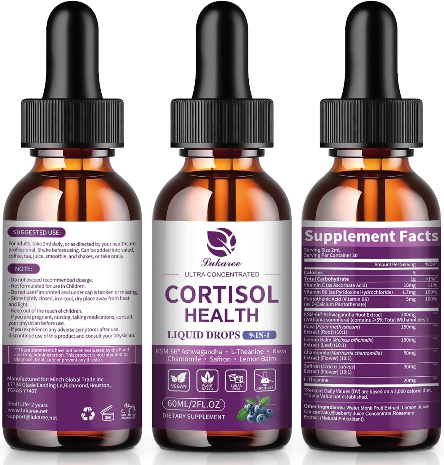 Cortisol Support Drops 9-in-1 with KSM-66® Ashwagandha | Stress Relief, Mood & Sleep Support – Blueberry Flavor