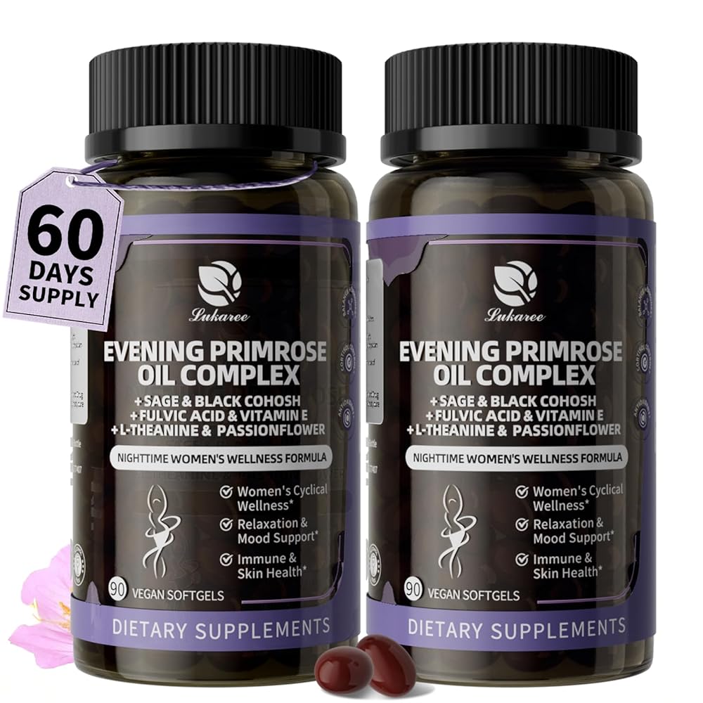 Evening Primrose Oil Complex for Women, Cold-Pressed EPO with 10% GLA, Sage, Fulvic Acid & L-Theanine – Hormonal, Skin, Mood & Immune Support – 90 Softgels（2-pack）