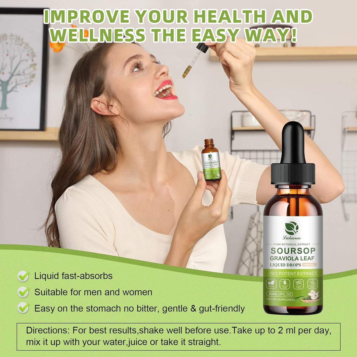 Lukaree Organic High-Potency Soursop Bitters Liquid, 98% Absorption Graviola Fruit & Leaf Extract for Immune Boost, Cell Support, Antioxidant, Digestive (2 Fl Oz)