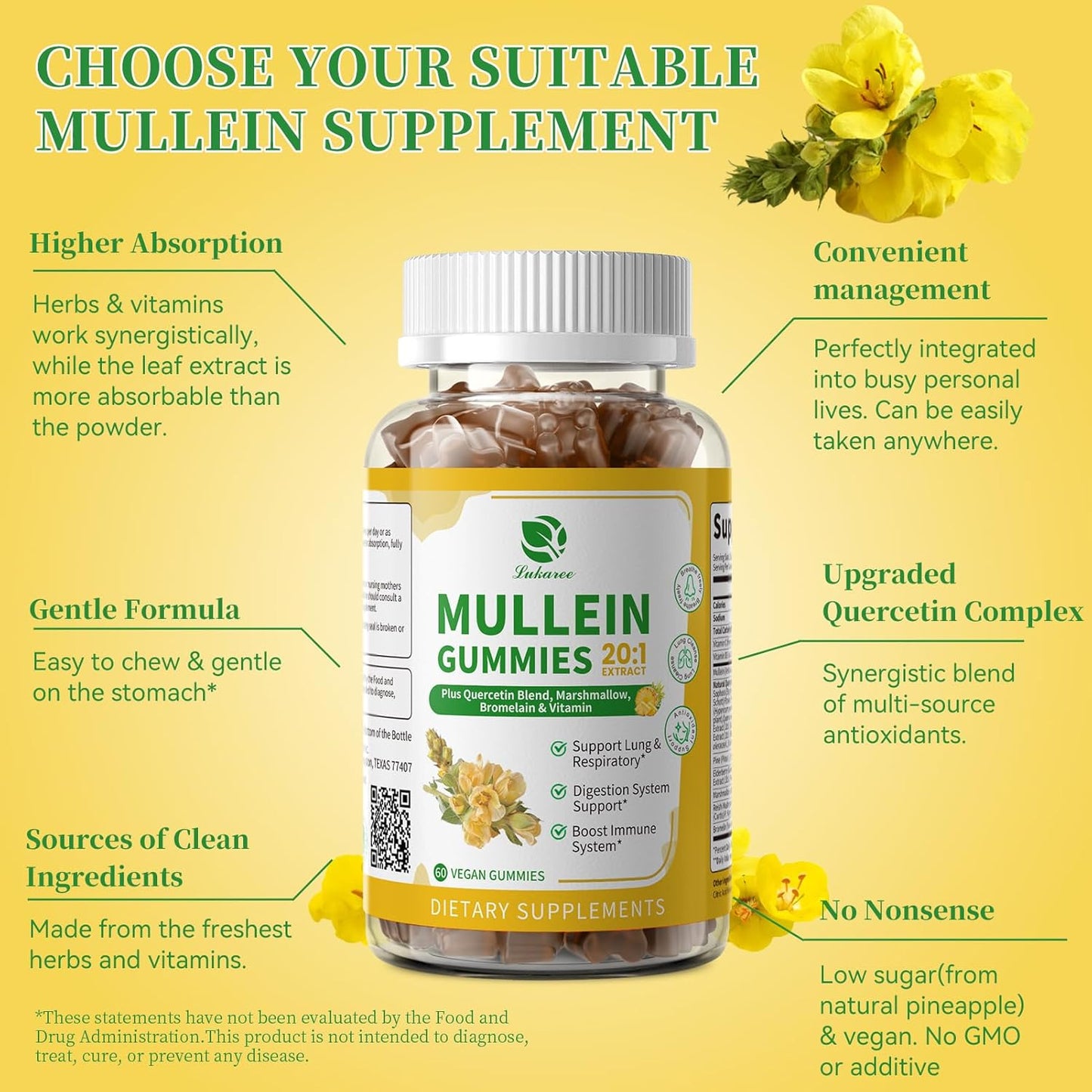 9 in 1 Mullein Gummies for Lung Cleanse, Mullein Leaf Extract with Quercetin, Bromelain, Elderberry & Marshmallow for Respiratory & Immune | 120 Vegan Count (2-Pack)