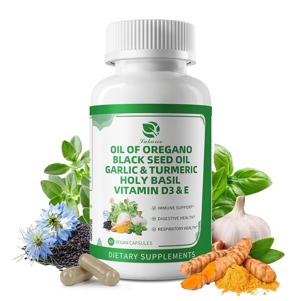 Organic Oil of Oregano Capsules with Black Seed Oil, Garlic, Turmeric, Holy Basil, Vitamin D3, E & Black Pepper for Better Absorption – Immune, Digestive & Respiratory – Vegan, Non-GMO, 2 Month Supply