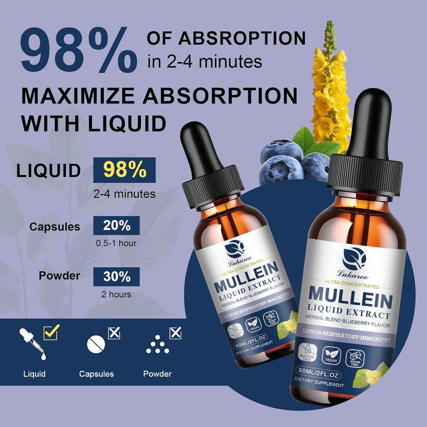 Lukaree Mullein Drops for Lung Detox & Cleanse, Vegan Mullein Leaf Extract Tincture with Chlorophyll Elderberry, etc for Respiratory, Immune, 60 Servings