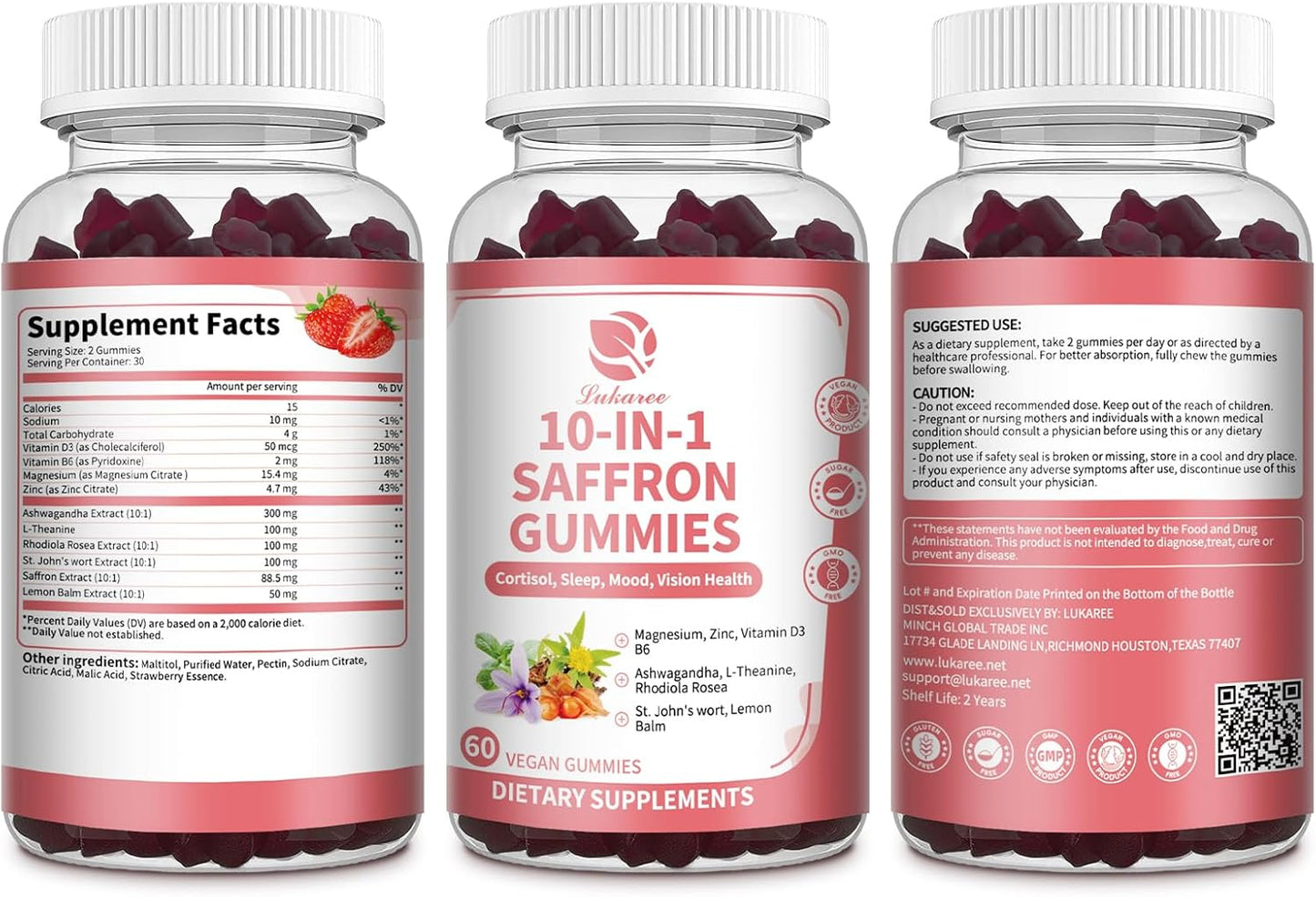 Lukaree 10-in-1 Sugar-Free Vegan Saffron Gummies with Ashwagandha, L-Theanine & Rhodiola for Mood, Vision, Focus, Energy & Immune Support.