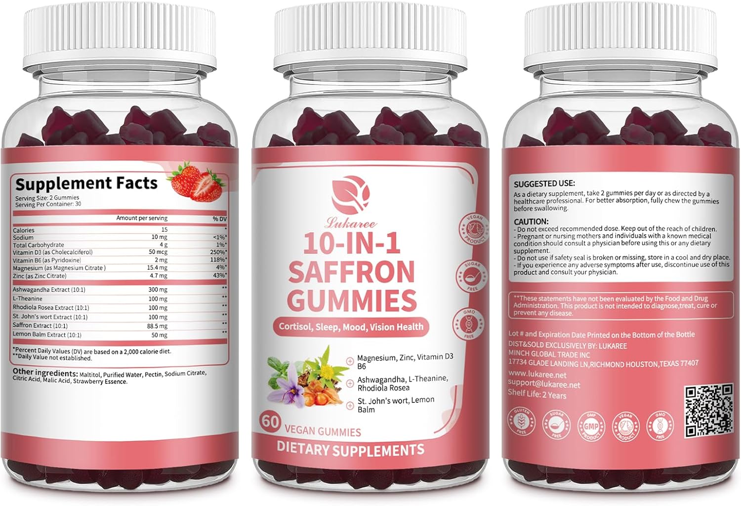 Lukaree 10-in-1 Sugar-Free Vegan Saffron Gummies with Ashwagandha, L-Theanine & Rhodiola for Mood, Vision, Focus, Energy & Immune Support.