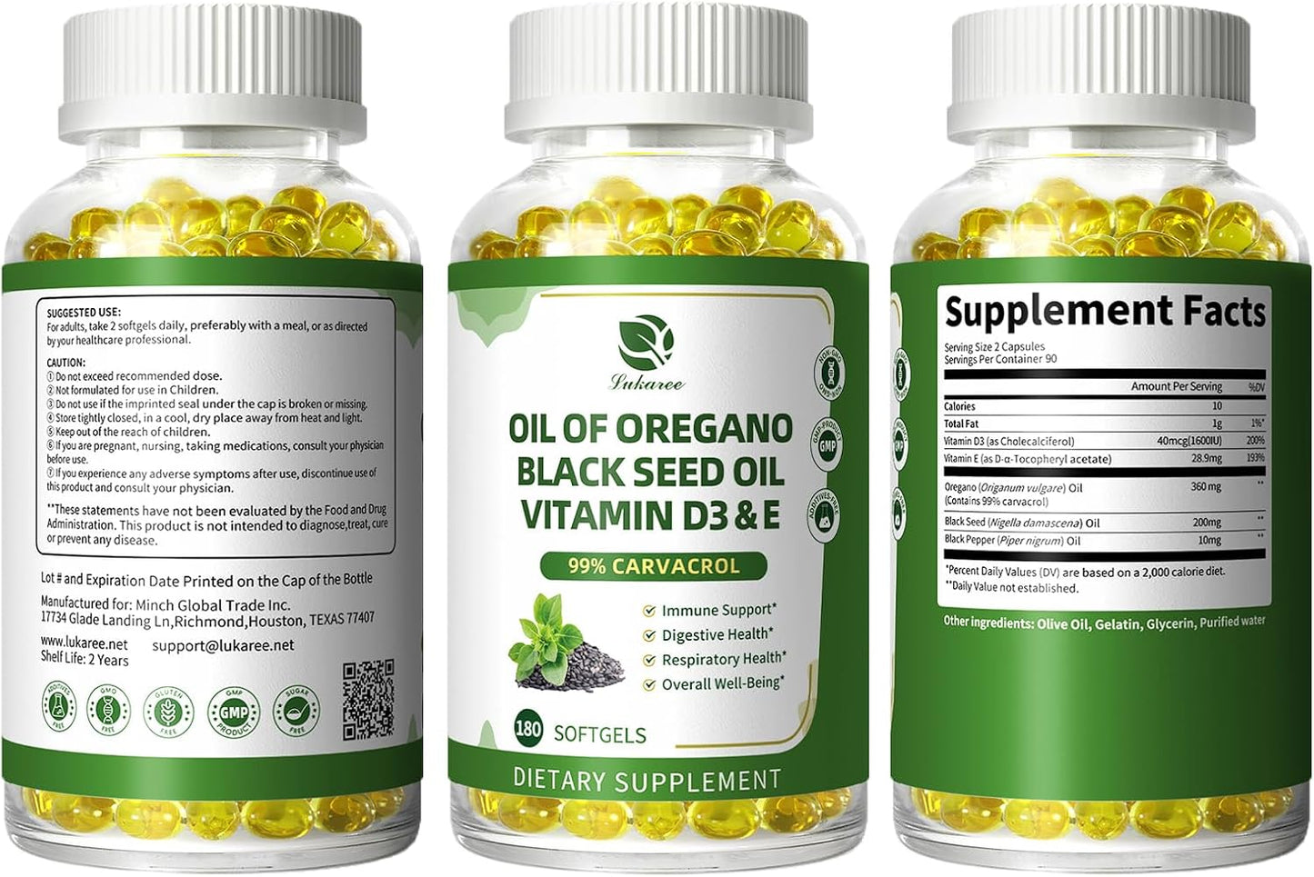 Oregano Oil Capsules – 99% Carvacrol, 5-in-1 with Black Seed Oil, Vitamins D3 & E, Black Pepper | Immune, Respiratory & Digestive Support | 180 Softgels