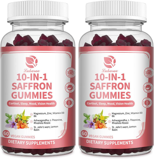 Lukaree 10-in-1 Sugar-Free Vegan Saffron Gummies with Ashwagandha, L-Theanine & Rhodiola for Mood, Vision, Focus, Energy & Immune Support.