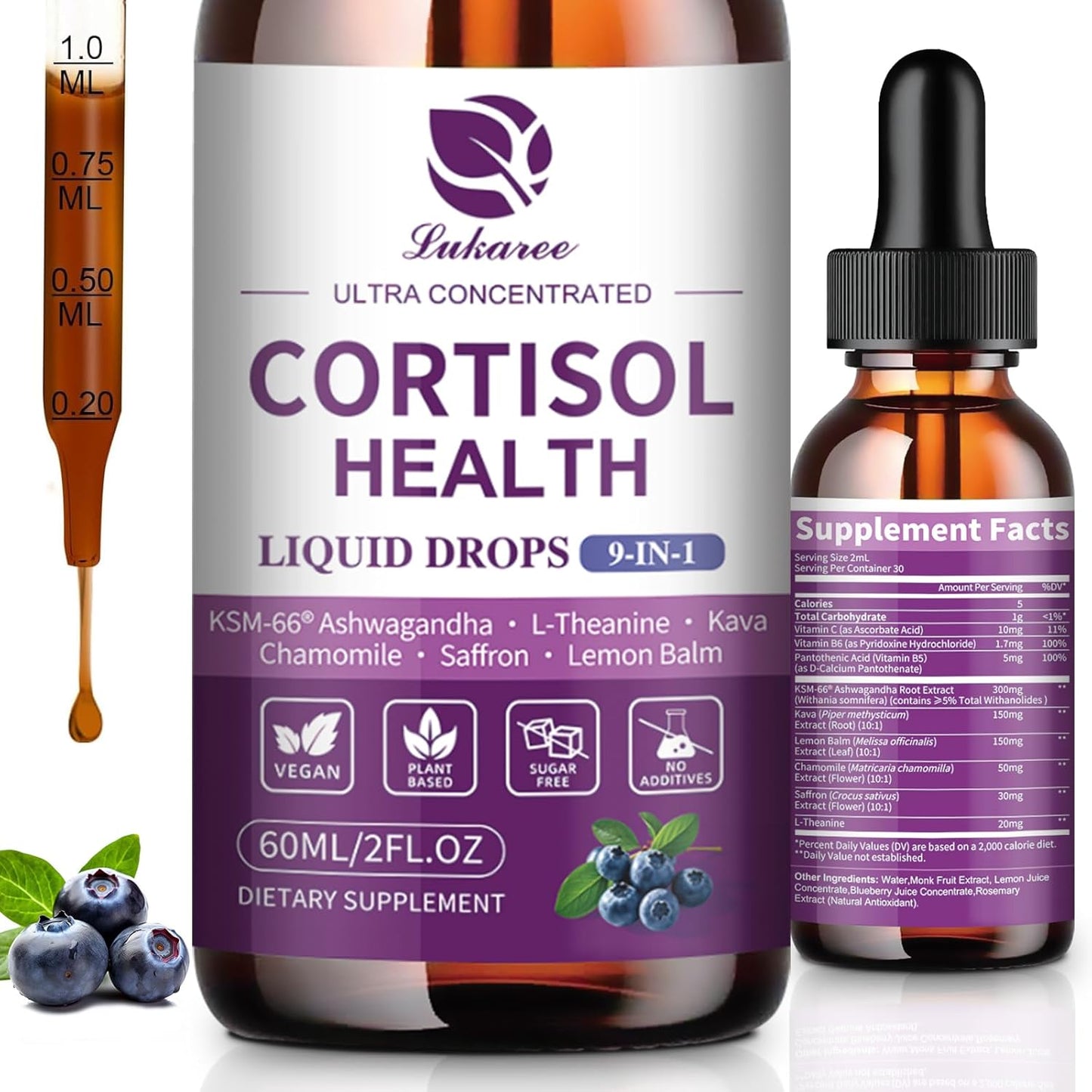 Cortisol Support Drops 9-in-1 with KSM-66® Ashwagandha | Stress Relief, Mood & Sleep Support – Blueberry Flavor