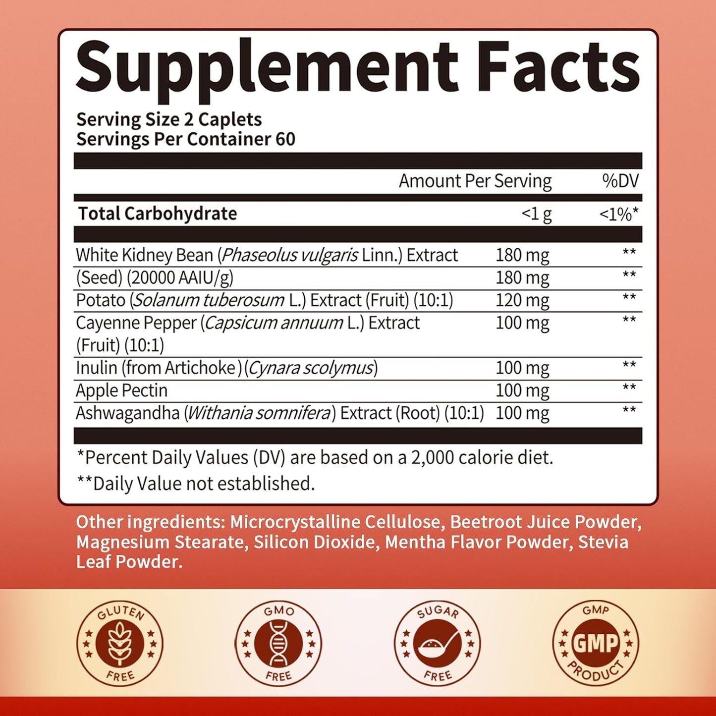White Kidney Bean Extract, 6 In1 Complex - Cayenne Pepper, Ashwagandha, Apple Pectin, Inulin, Potato Extract for High Absorption, Support Intestinal Health, 120 PCS