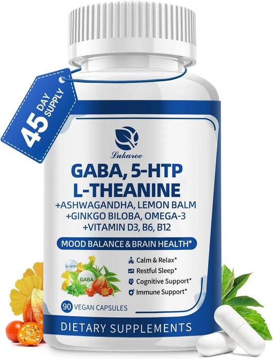 Lukaree GABA and L-Theanine supplement 90 Capsules  for natural relaxation and better sleep quality