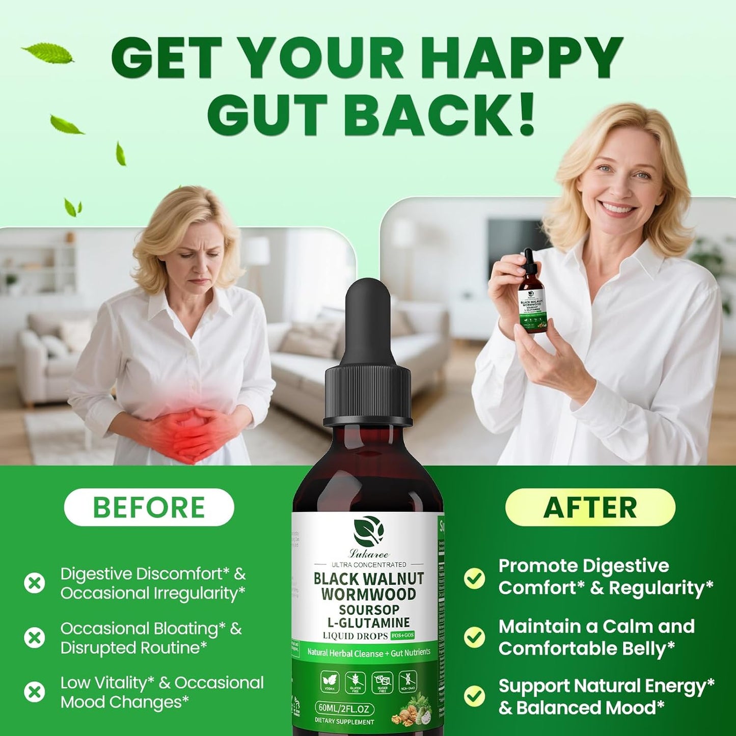 Lukaree Wormwood Black Walnut Clove Tincture – Natural Gut Cleanse Detox for Humans – Support Digestive Health with L-Glutamine Prebiotic Soursop Turmeric, 5X Absorption Vegan Gluten-Free 4 FL.OZ