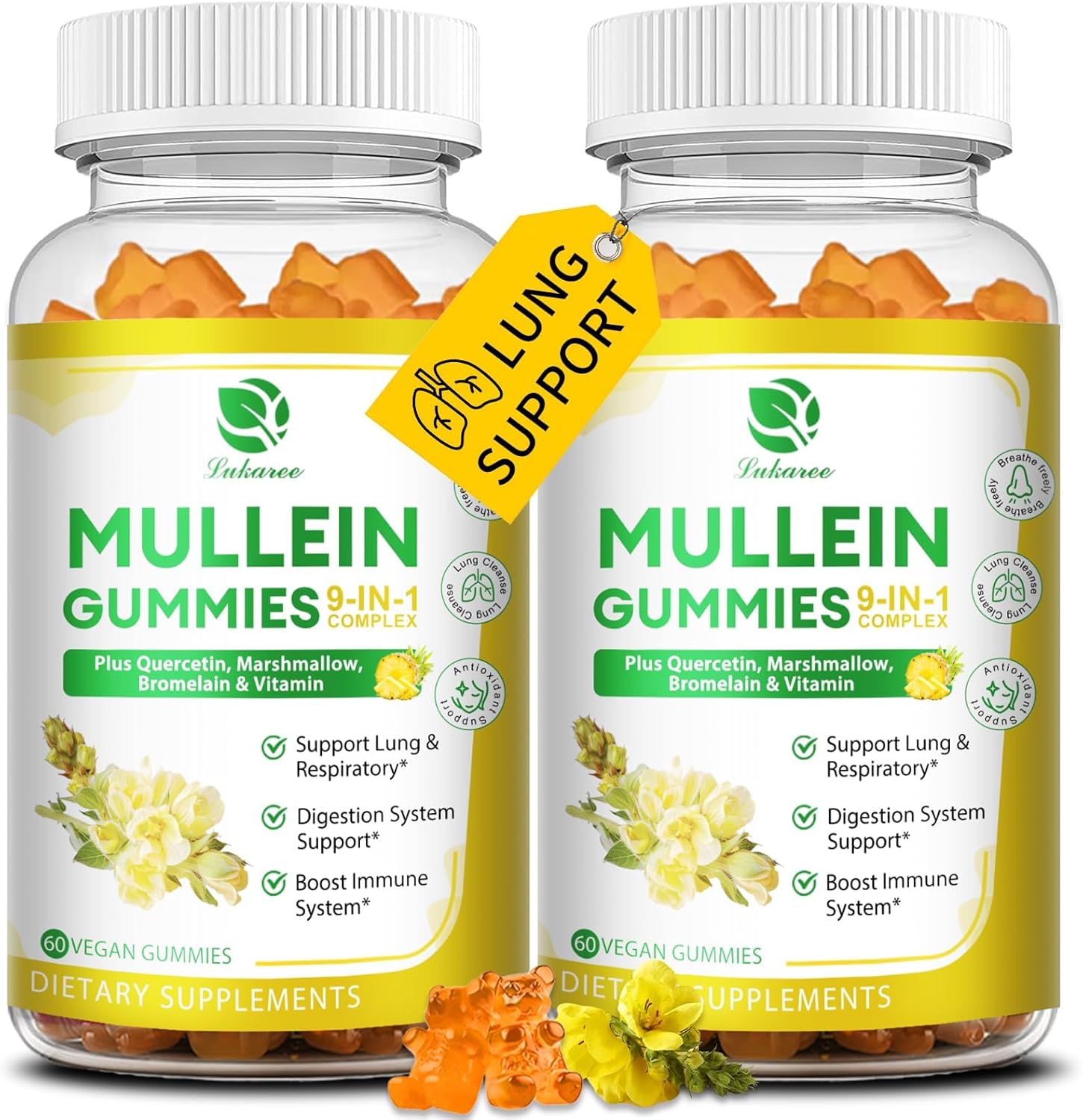 Lukaree 9-in-1 Mullein Gummies 2-Pack 120ct – Lung Cleanse with Mullein Leaf, Quercetin, Bromelain, Elderberry & Marshmallow for Respiratory Support, Immune Health, Vegan Supplement