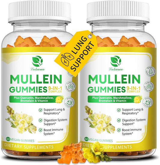 (2 Pack) 9 in 1 Mullein Gummies for Lung Cleanse, Mullein Leaf Extract w/Quercetin, Bromelain, Elderberry & Marshmallow for Respiratory, Immune, Vegan,120 Count