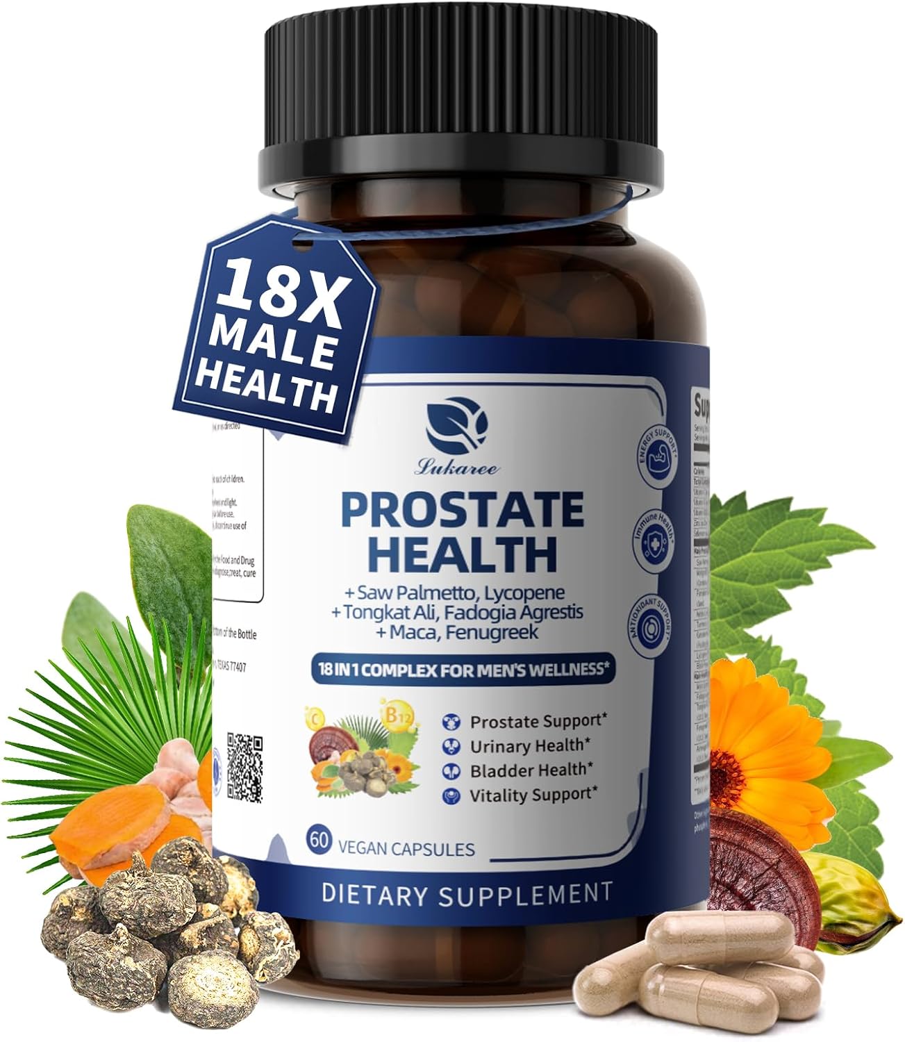 Bottle of Lukaree Prostate Health Supplements for Men – 18-in-1 Formula with Saw Palmetto, Pumpkin Seed, and Adaptogenic Herbs, 60 Capsules