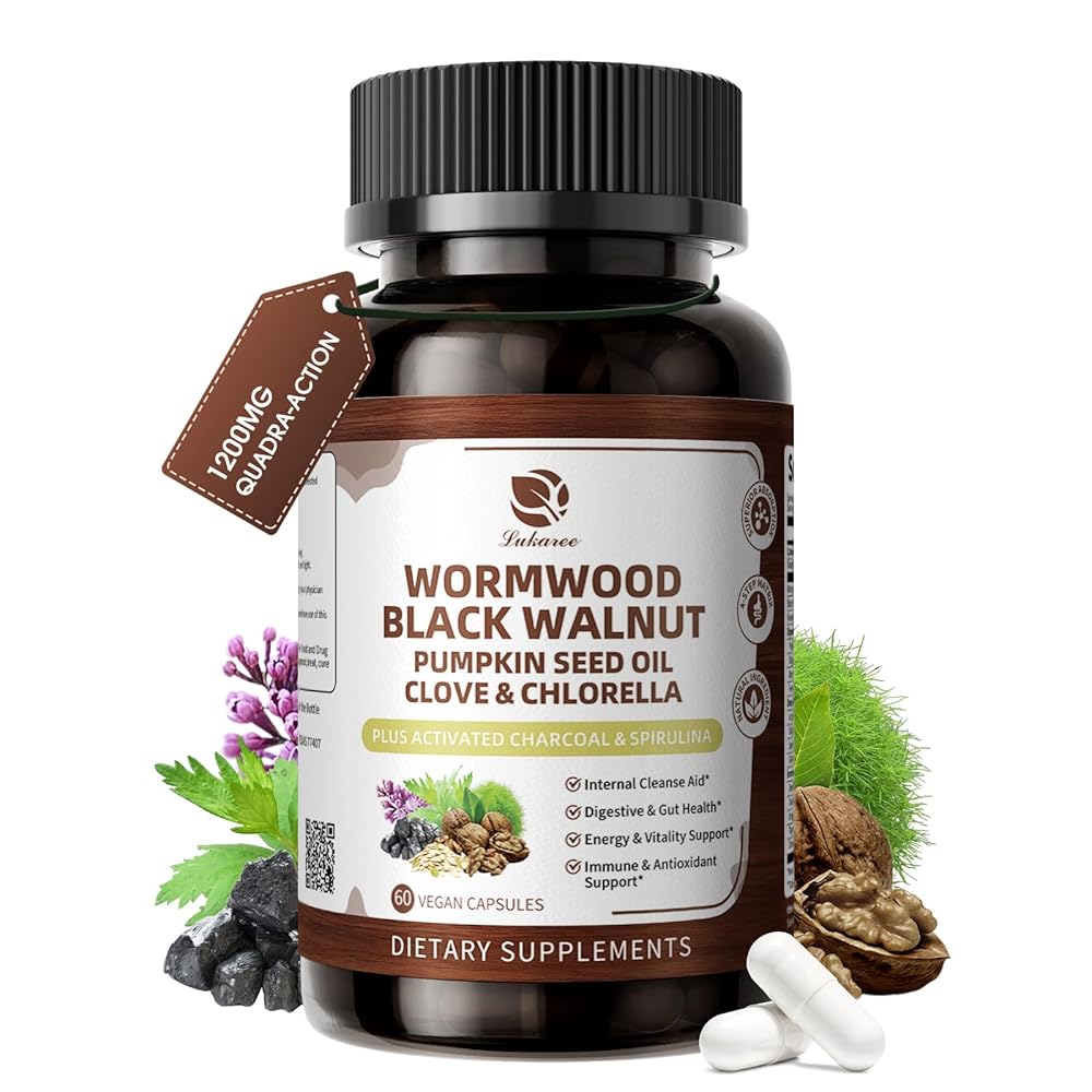 Wormwood Black Walnut Cleanse 1200mg – 16-in-1 Ultra Gut Cleanse & Detox Formula with Pumpkin Seed Oil, Clove & Activated Charcoal | 10X Concentrated, 60 Vagan Capsules