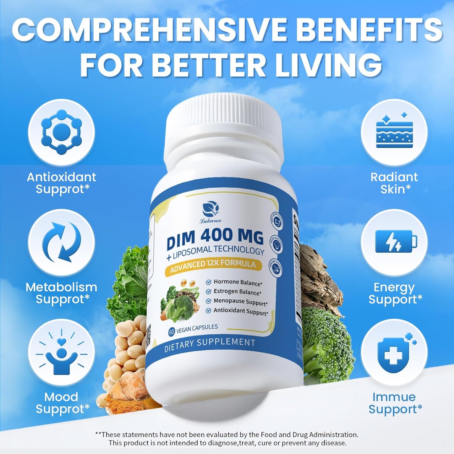 Lukaree DIM Supplement 400MG for Women, Liposomal - Estrogen Support & Antioxidant Support - with Black Cohosh, Soy Isoflavones & Alpha Lipoic Acid - Vegan, 60 Ct.