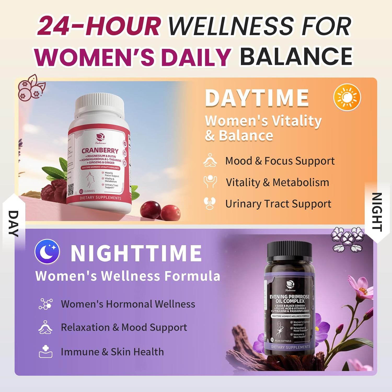 Cranberry Gummies for daytime urinary health and mental clarity, and Female wellness duo – day & night support for women