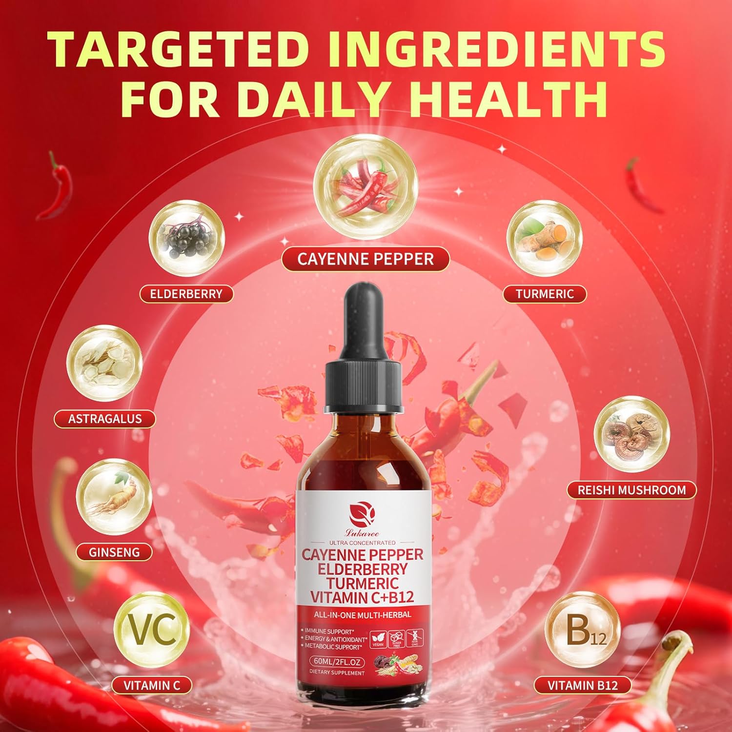 Lukaree Cayenne Pepper Liquid with Elderberry, Turmeric, Ginseng, Astragalus & Reishi