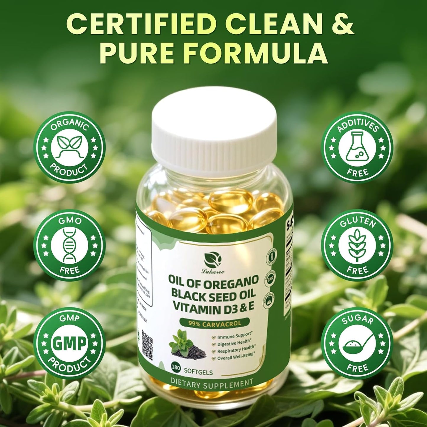 Oregano Oil Capsules – 99% Carvacrol, 5-in-1 with Black Seed Oil, Vitamins D3 & E, Black Pepper | Immune, Respiratory & Digestive Support | 180 Softgels