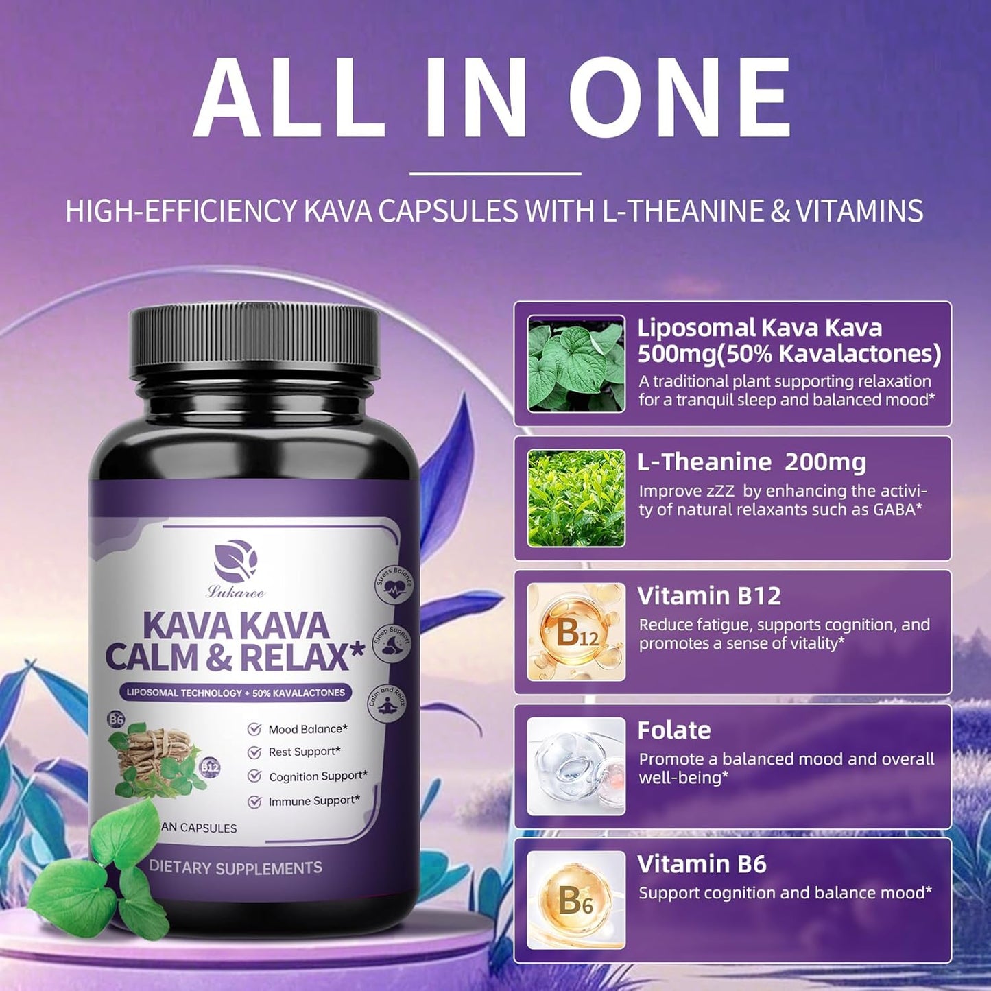 Kava Root Extract Supplement - Liposomal Kava Capsules with L Theanine 200mg, 50% Kavalactones, Relax Calming Kava Extract, Vitamin B6, B12 - for Sleep, Mood, Cognitive & Immune Support, 60CT