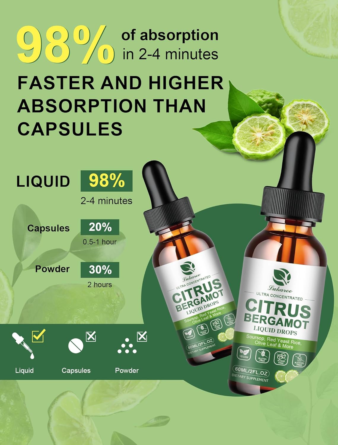 Citrus Bergamot Liquid Drops – Herbal Blend with Soursop, Red Yeast Rice, Garlic & Olive Leaf – Plant-Based Formula with Black Pepper for Enhanced Absorption – 2 Fl Oz